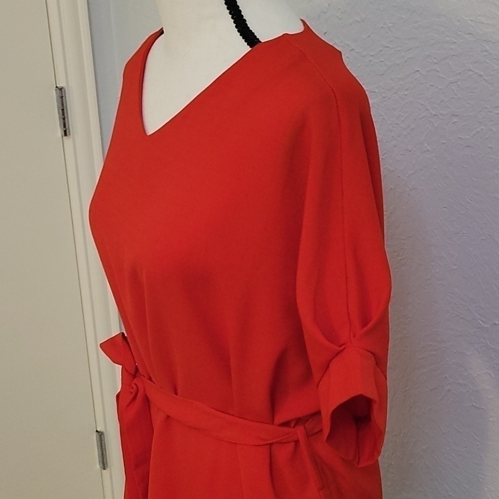 Tomato Red Short Sleeve Tie-Waist Belted Maxi Blouse - Picture 2 of 6